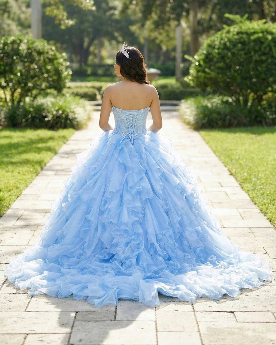 Sky Blue Quinceanera Dress with Pleats and Flowers