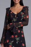 Black Floral Ruffled A Line Midi Wedding Guest Dress with Long Sleeves
