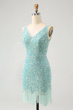 Sparkly Sage Bodycon Spaghetti Straps Sequin Short Homecoming Dress with Tassels