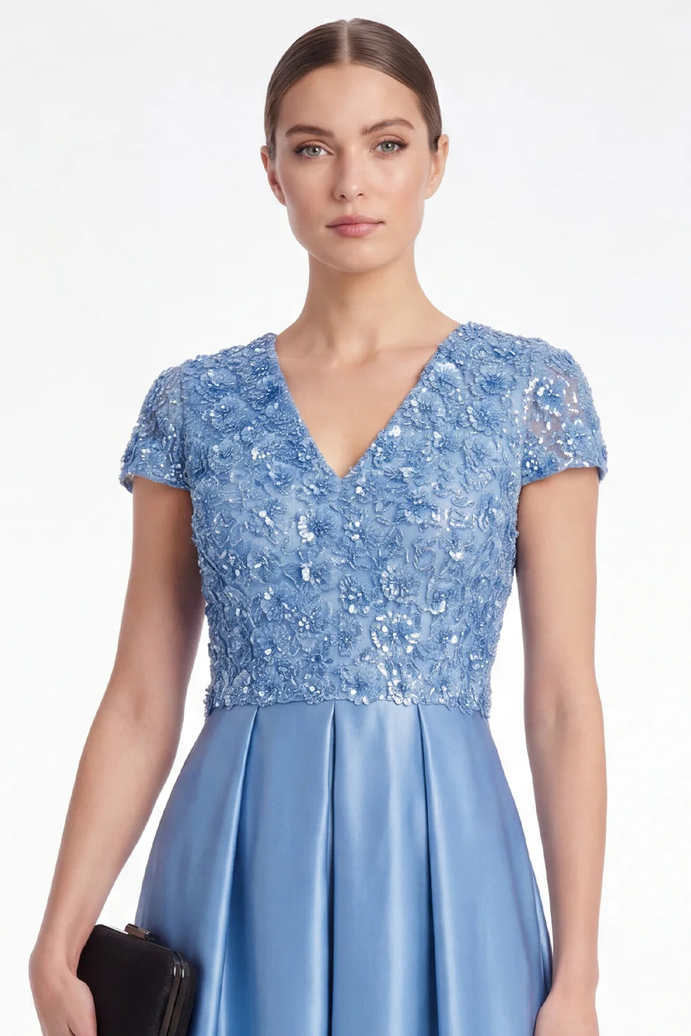 Champagne Sequin A Line V Neck Mother of the Bride Dress with Short Sleeevs
