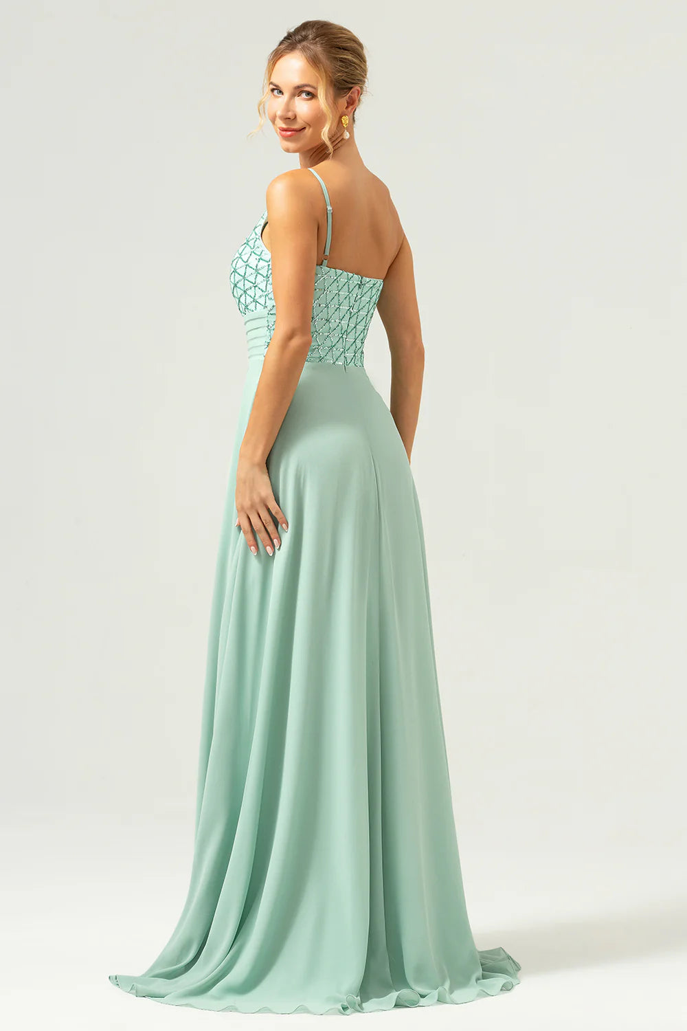 Sparkly Green A Line One Shoulder Satin Long Bridesmaid Dress