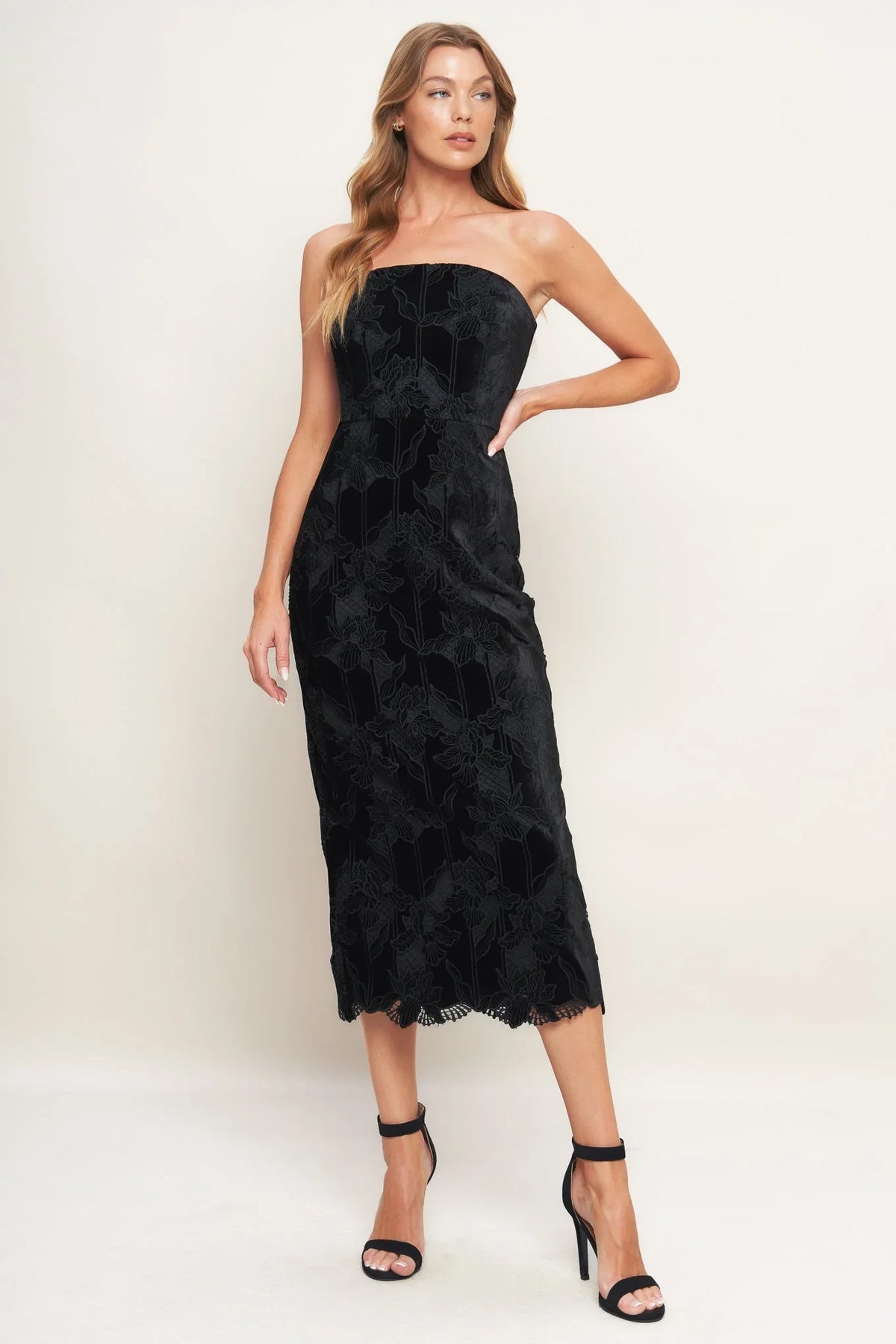 TEMPTATION BLACK VELVET LACE MIDI DRESS FINAL SALE