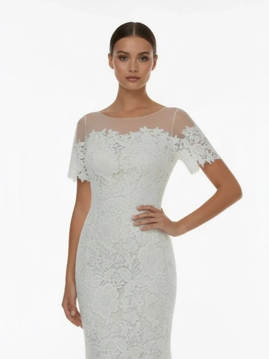 Mermaid Scoop Illusion Neck Floral Wedding Dress