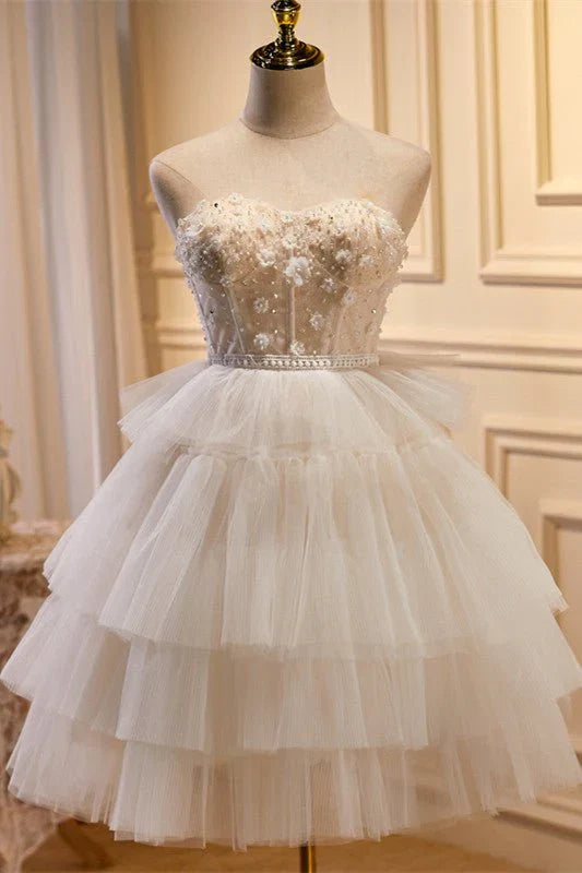 White Tulle 3D Floral Lace A Line Tiered Homecoming Dress