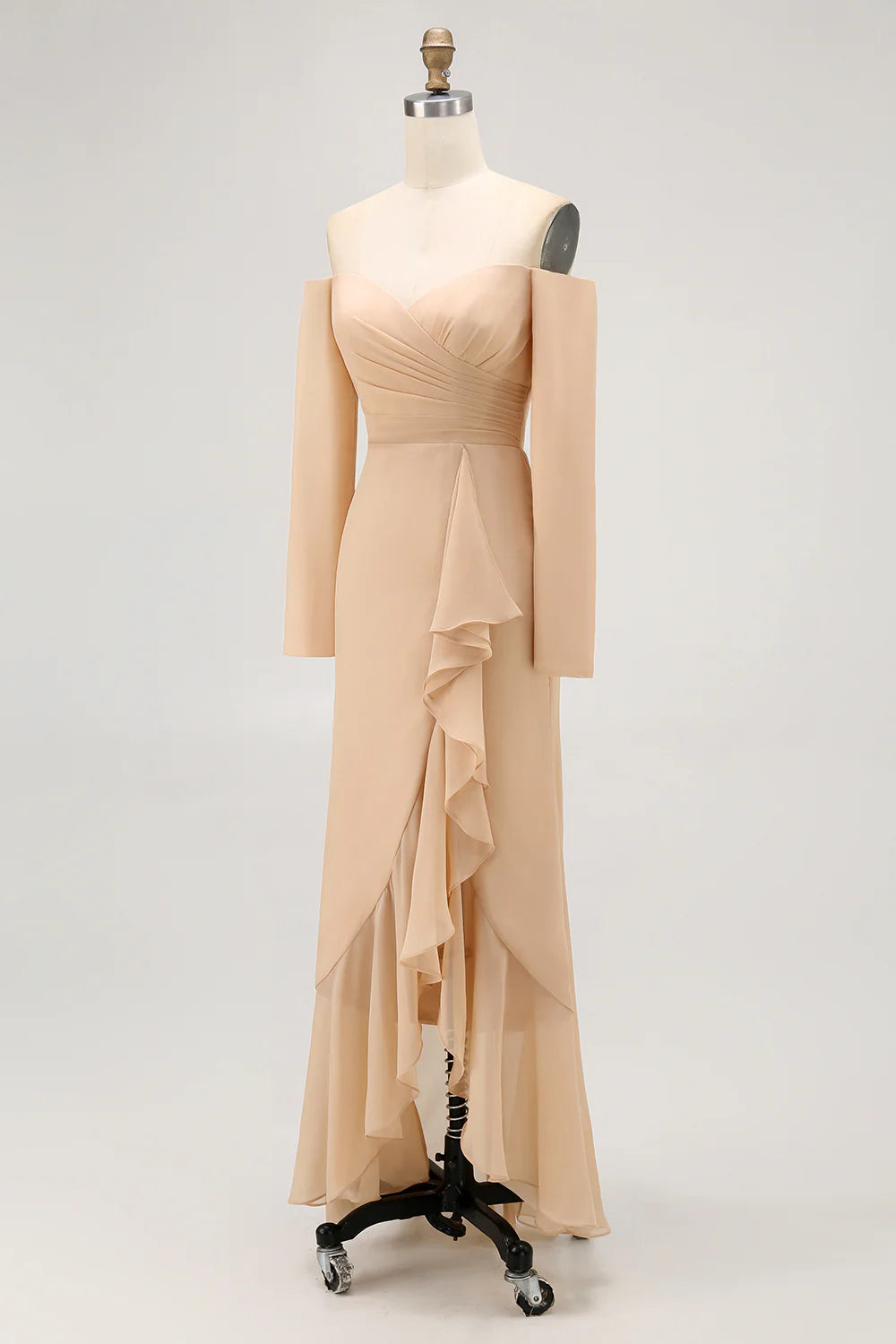 Champagne Sheath Off the Shoulder Long Bridesmaid Dress with Ruffles
