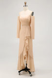 Champagne Sheath Off the Shoulder Long Bridesmaid Dress with Ruffles