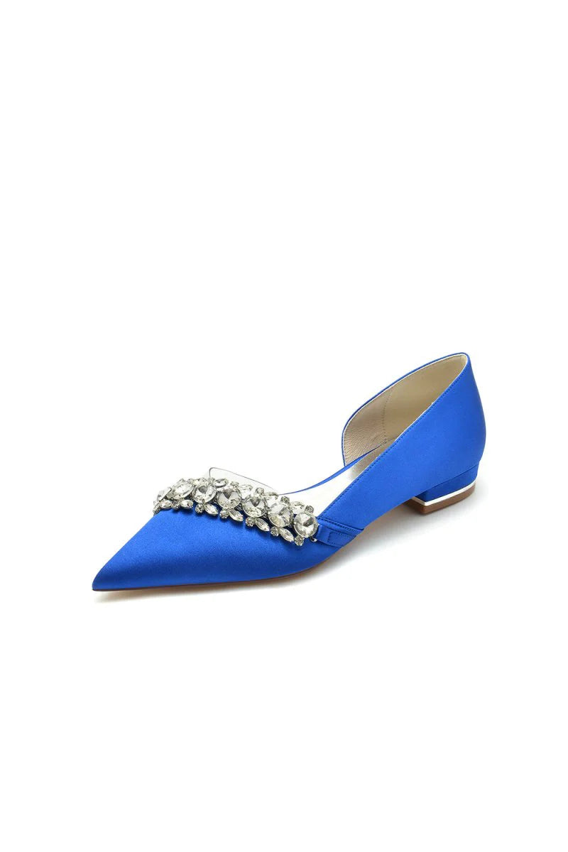 Pointed Toe Slip on Satin Low Heels With Rhinestone