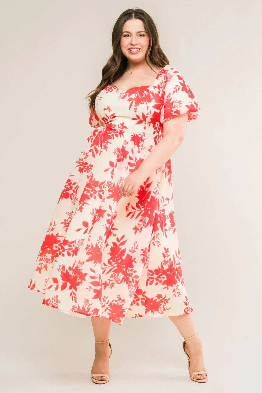 COTTAGE GARDEN PUFF SLEEVE MIDI DRESS RED