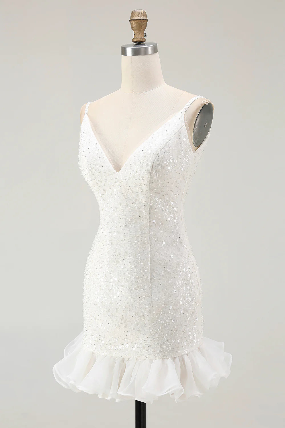 Sparkly White Sequins V Neck Mini Graduation Dress with Ruffles