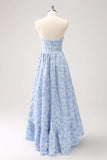 Blue A Line Brocade Strapless High Low Floral Dress with Ruffles