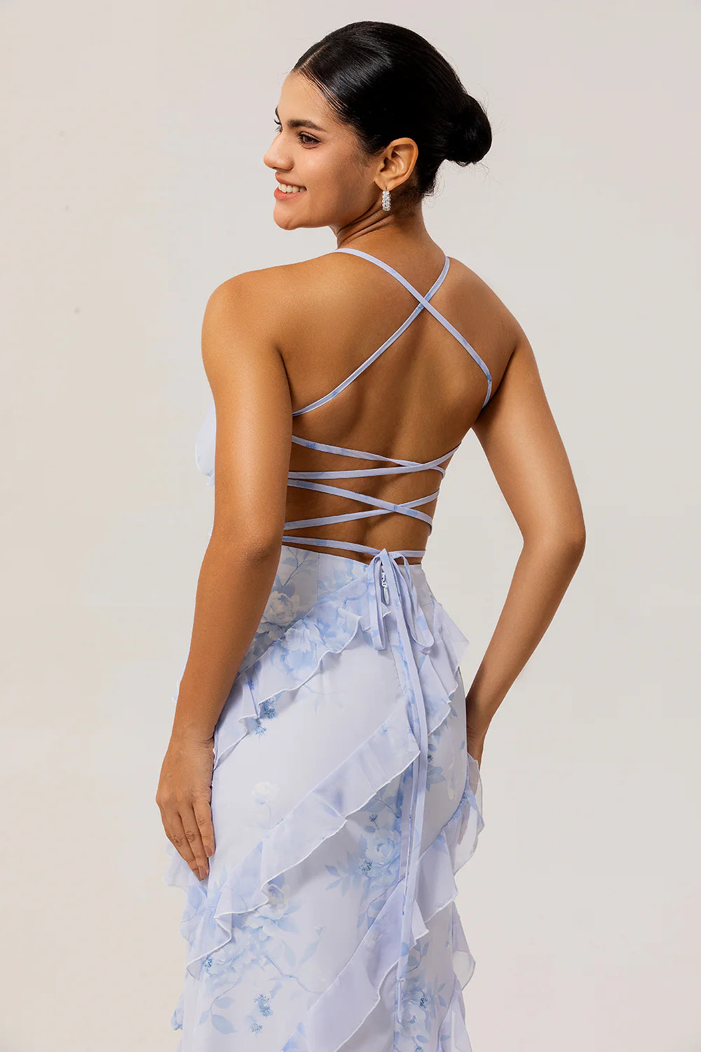 Blue Sheath Backless Print Floral Long Bridesmaid Dress with Lace Up Back