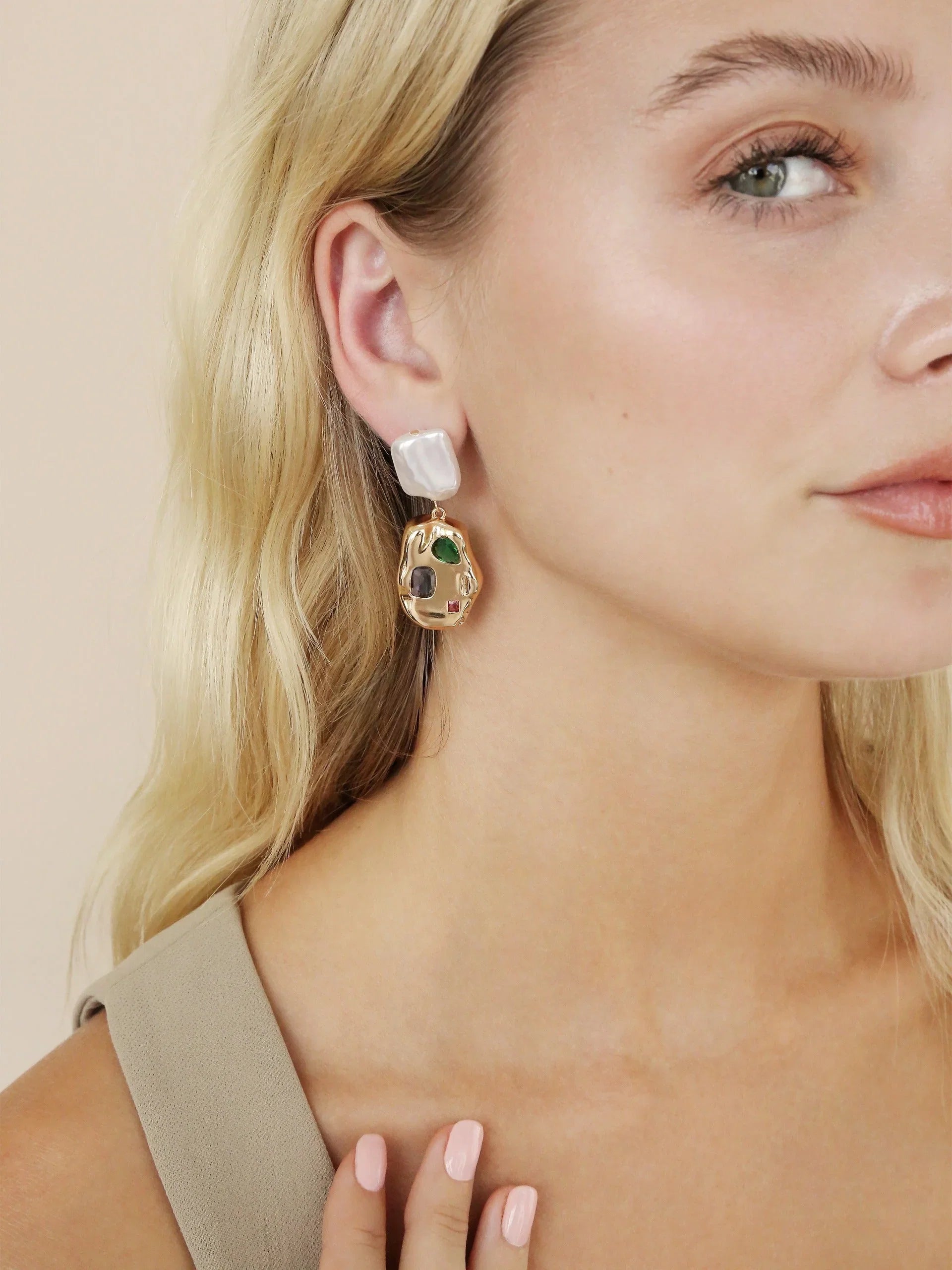 Rainbow Crystal Nugget Pearl Earrings