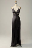 Dark Green Sheath Spaghetti Straps Cut Out Satin Long Bridesmaid Dress