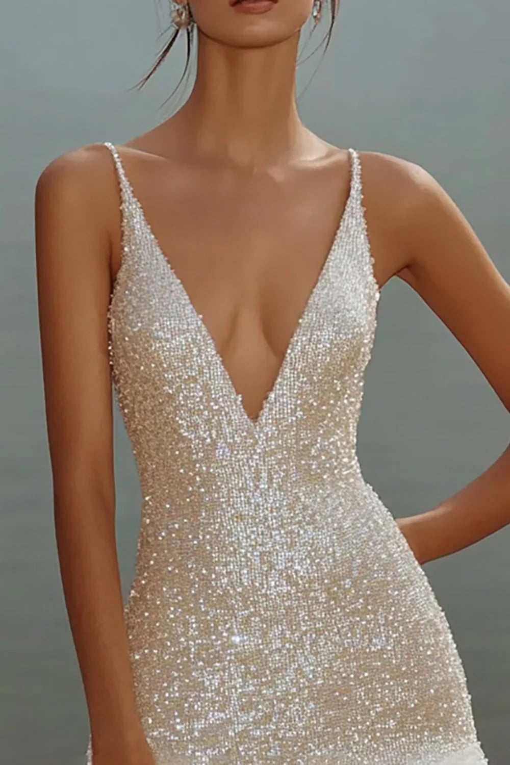 Sparkly White V Neck Sequins Mini Graduation Dress With Ruffles