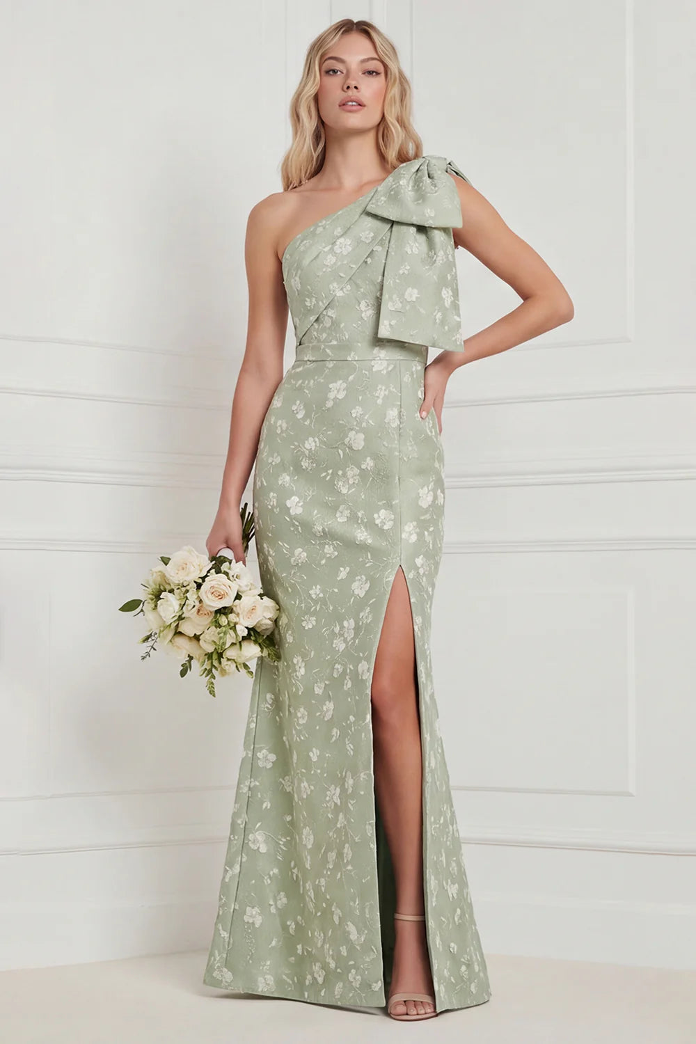 One Shoulder Sage Floral Jacquard Mermaid Bridesamid Dress with Slit