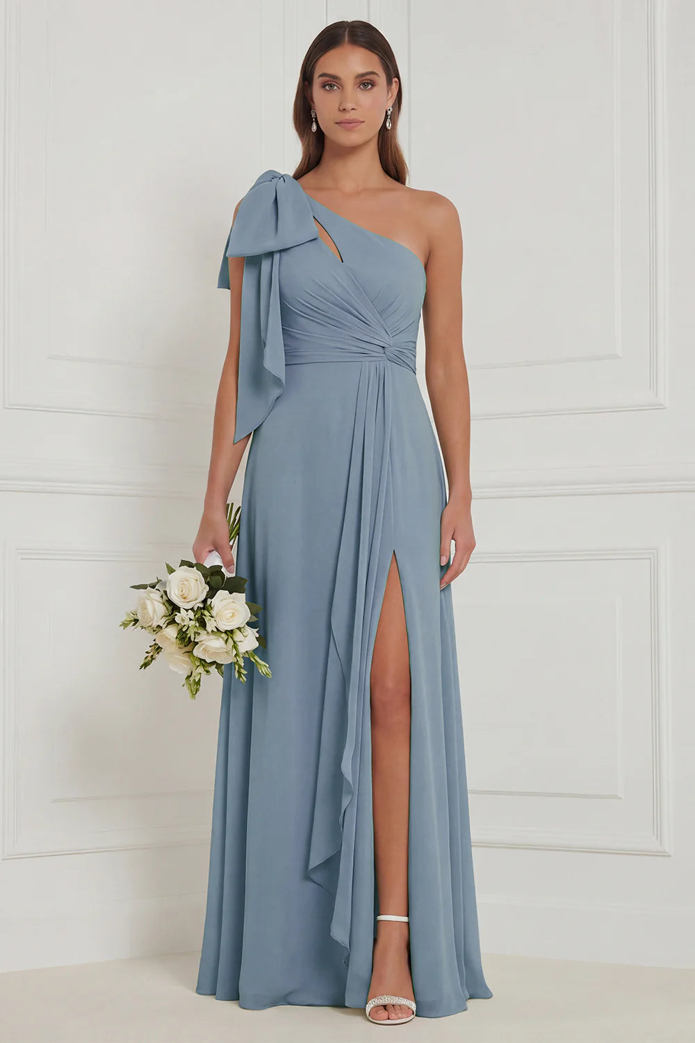 Sage A Line One Shoulder Long Bridesmaid Dress with Slit