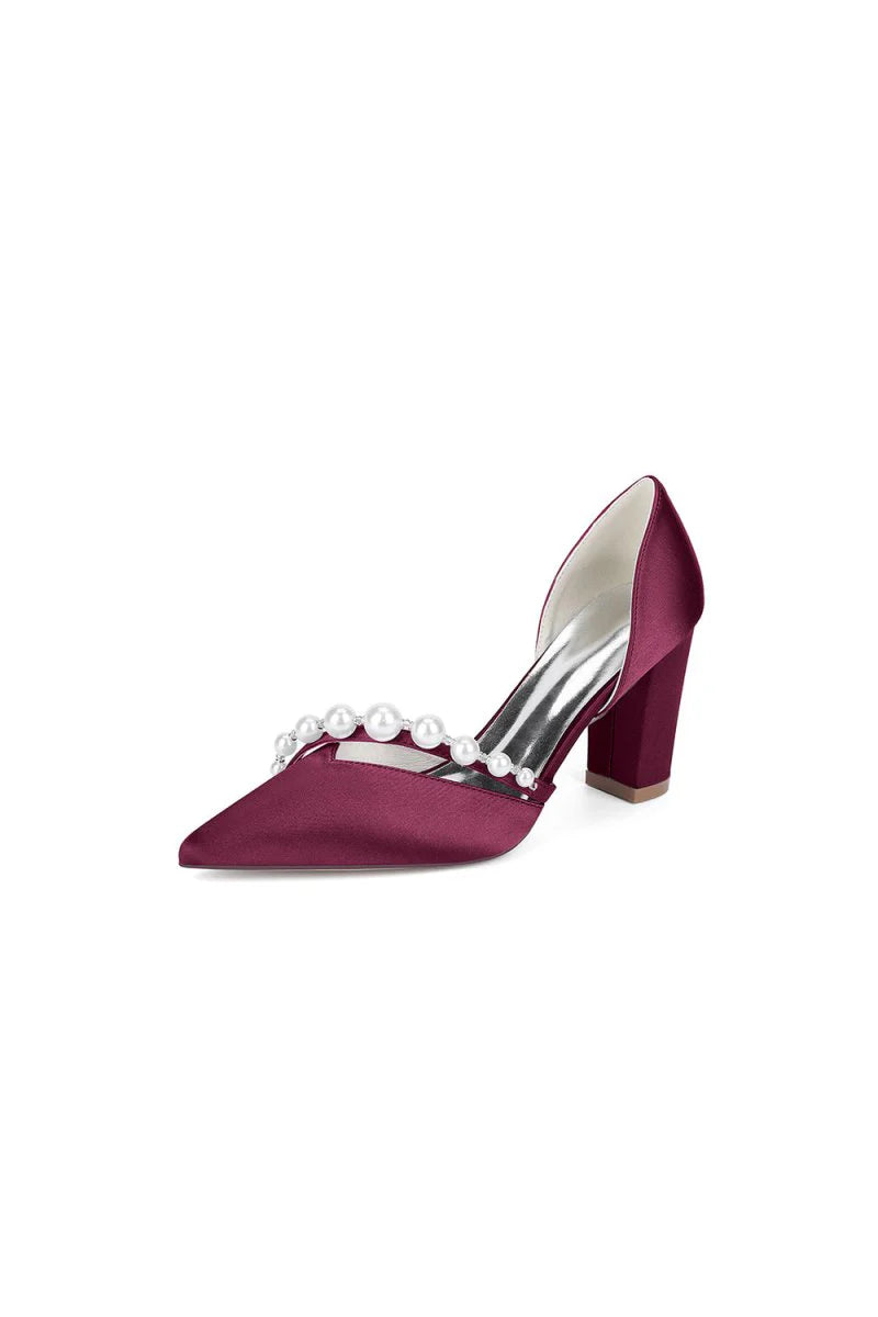 White Satin High Heels with Pearl Embellishments