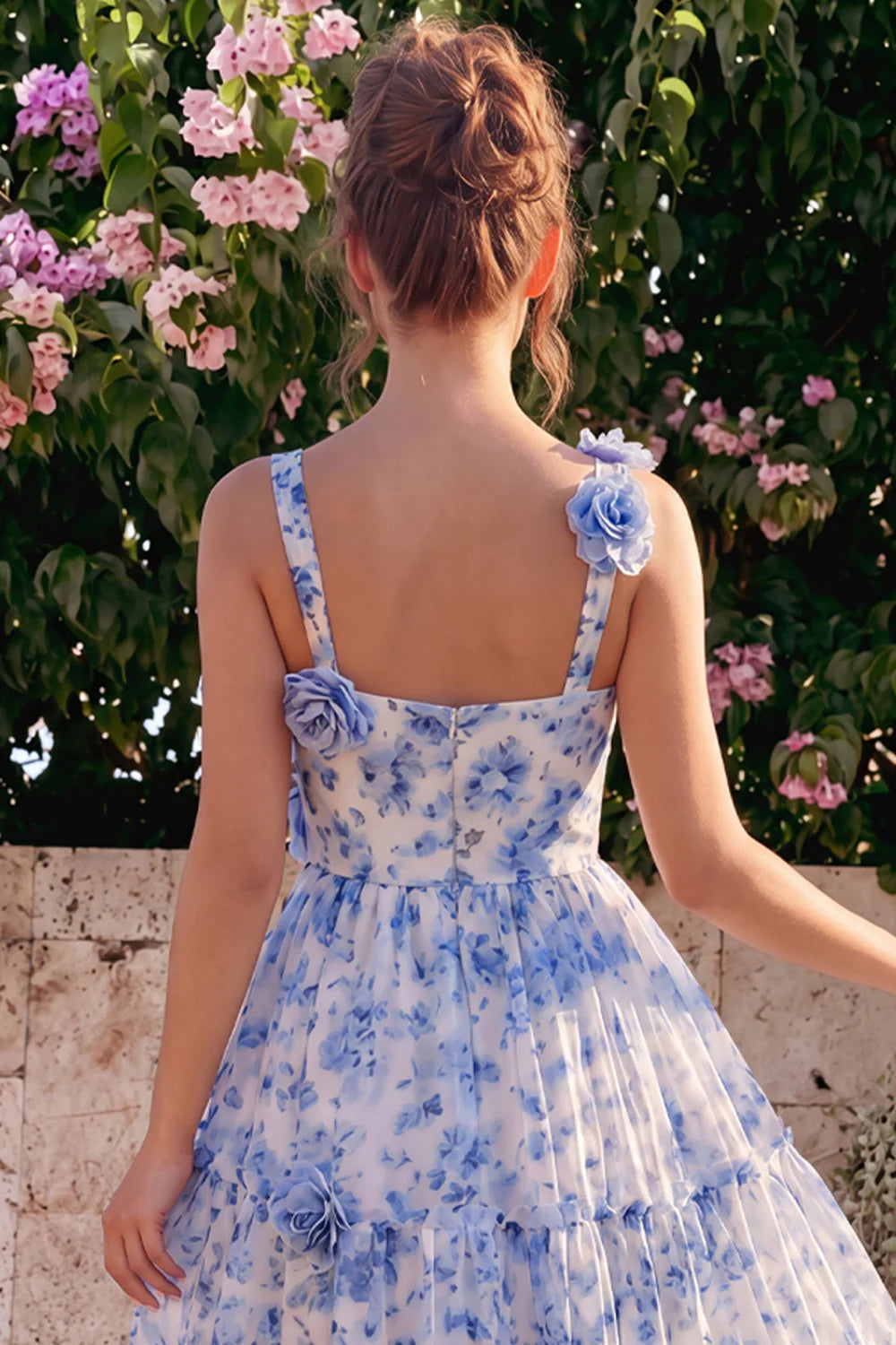 Blue Floral Square Neck A Line Midi Wedding Guest Dress with 3D Flowers