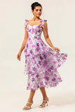Purple Flower A Line Lace Up Back Tiered Print Midi Dress with Straps Bows