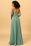 A Line Off the Shoulder Ruched Chiffon Floor Length Bridesmaid Dress with Slit