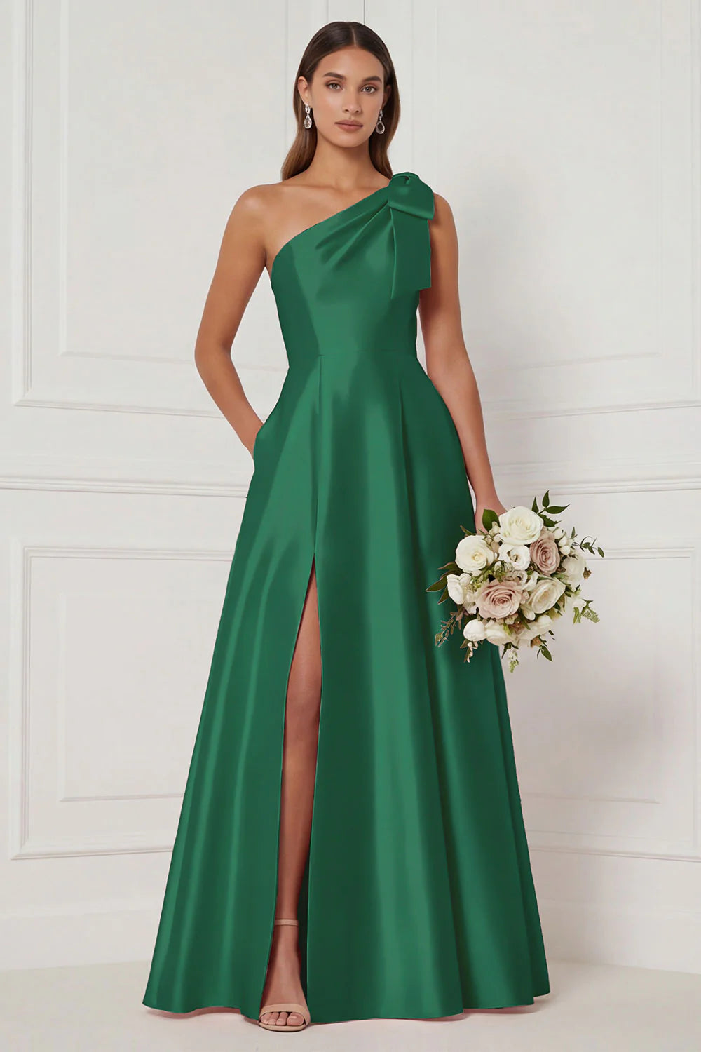 One Shoulder A Line Satin Pink Bridesmaid Dress with Slit