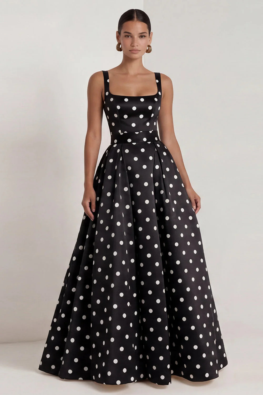 Black A Line Polka Dot Maxi Formal Dress with Bow