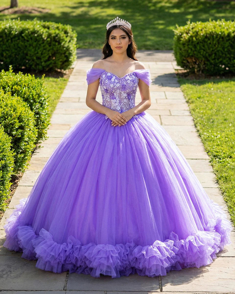 Ball Gown Organza Off the Shoulder Purple Quinceanera Dress