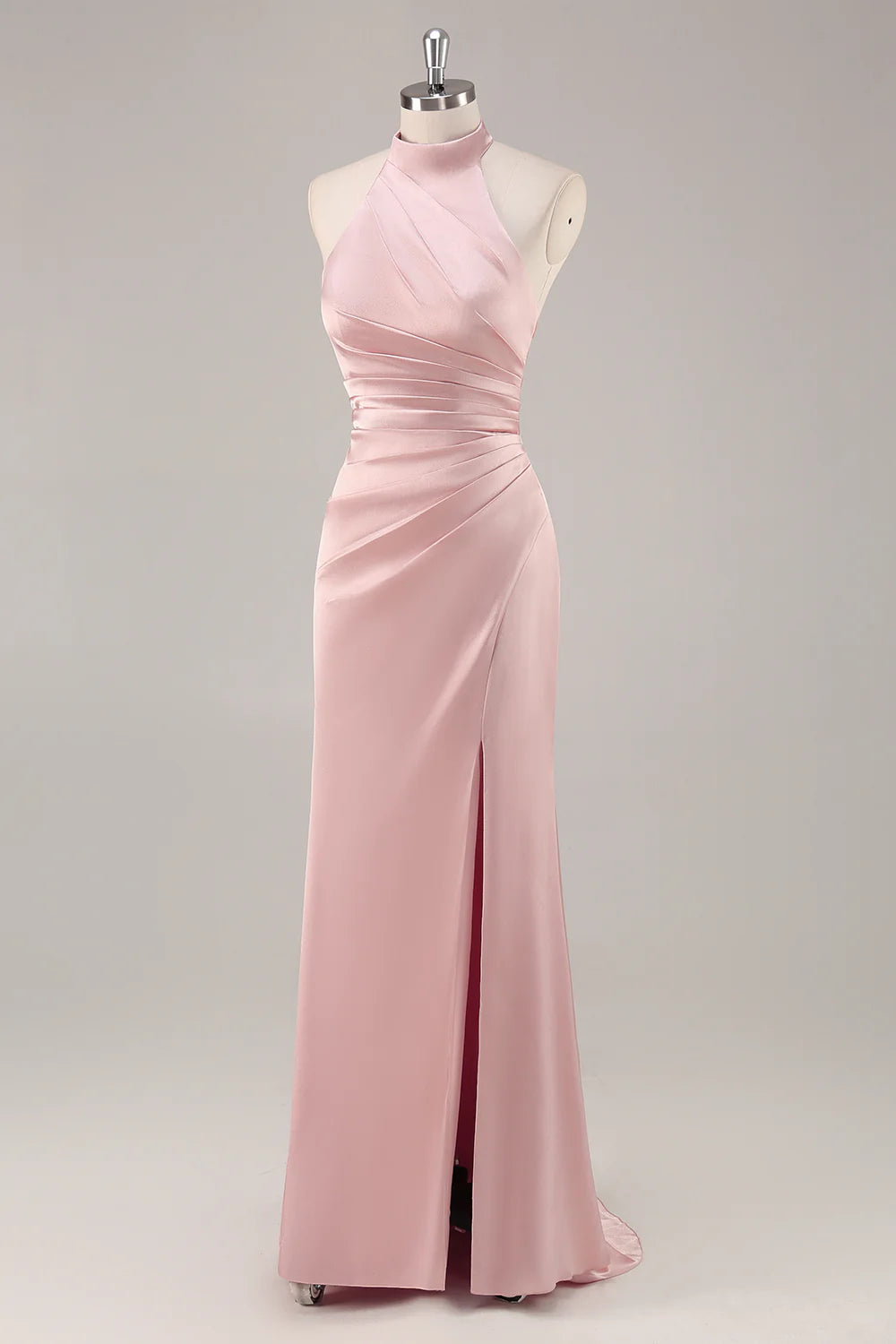 Sage Green Sheath Satin High Neck Backless Long Plus Size Bridesmaid Dress with Side Slit