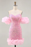 Pink Off The Shoulder Bodycon Sequins Short Homecoming Dress