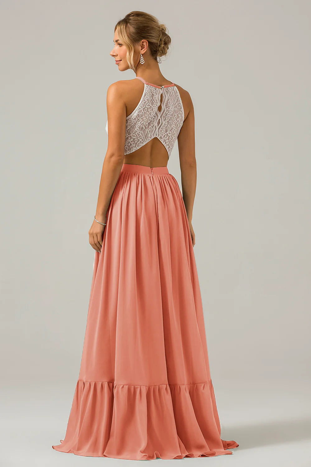A Line Halter Pleated Keyhole Chiffon Bridesmaid Dress With Lace