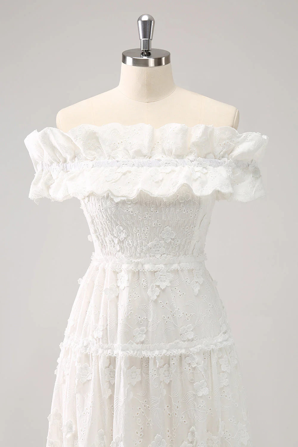 Cute White A Line White Off The Shoulder Tea Length Dress with Ruffles