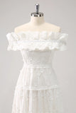 Cute White A Line White Off The Shoulder Tea Length Dress with Ruffles