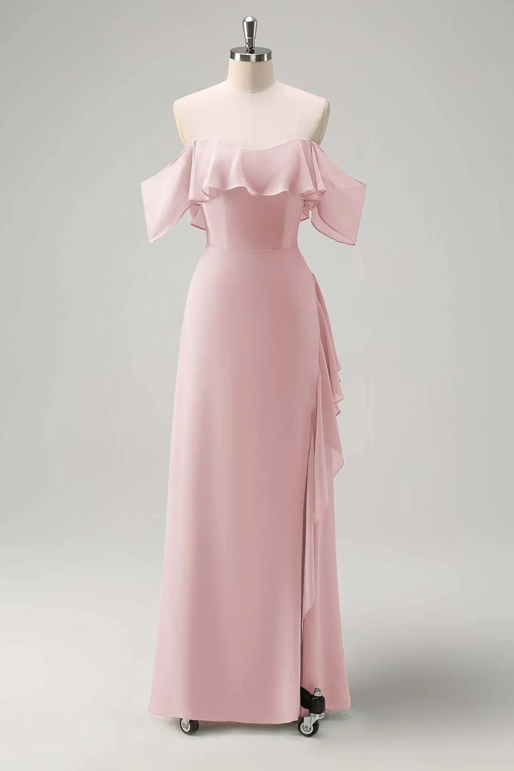 Light Green Sheath Off The Shoulder Chiffon Long Bridesmaid Dress with Ruffle Slit