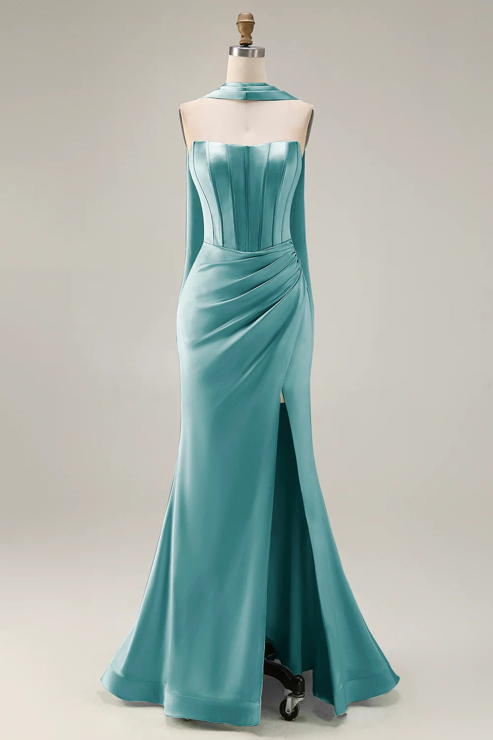 Light Green Strapless Mermaid Corset Ruched Long Prom Dress with Streamer