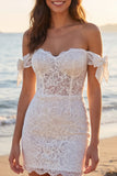 Ivory Off the Shoulder Lace Corset Short Wedding Dress with Bows