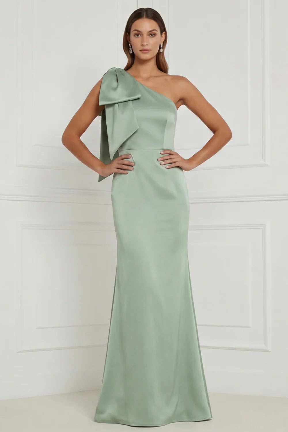 Sage Green One Shoulder Mermaid Satin Long Bridesmaid Dress with Bow