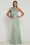 Sage Green One Shoulder Mermaid Satin Long Bridesmaid Dress with Bow