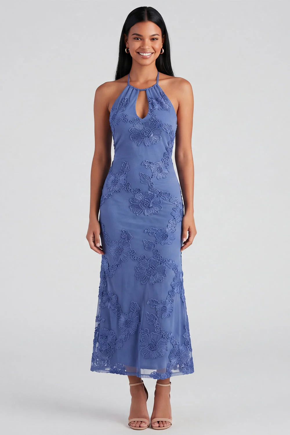 Halter Yellow Keyhole Mermaid Wedding Guest Dress with Appliques