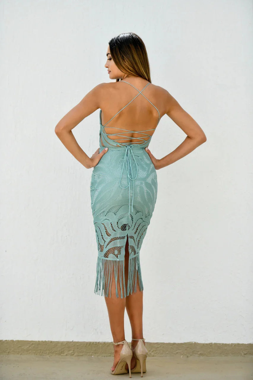 Khaleesi Dress Sage Lace Dress With Fringe FINAL SALE