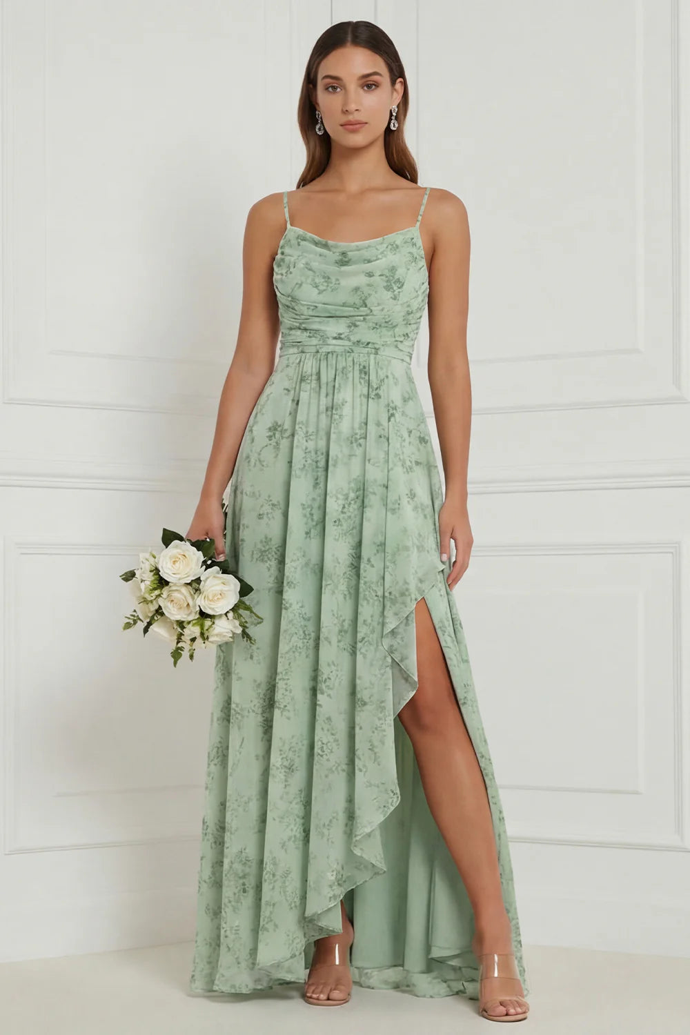 Floral A Line Dusty Sage Bridesmaid Dress with Slit
