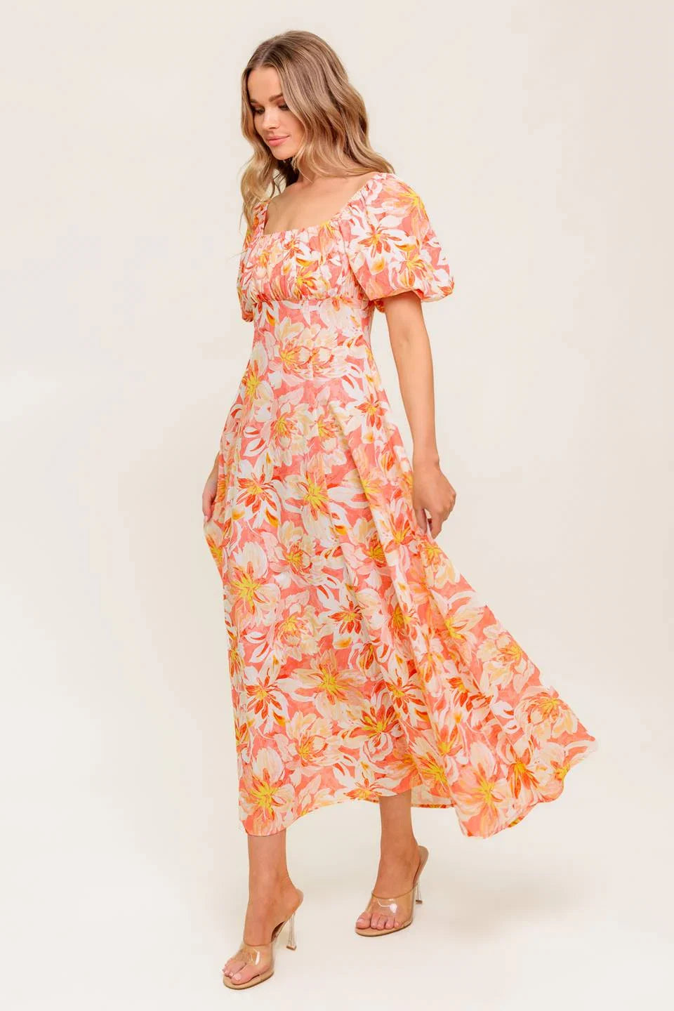 ISLAND FLOWERS PUFF SLEEVE MIDI DRESS CORAL