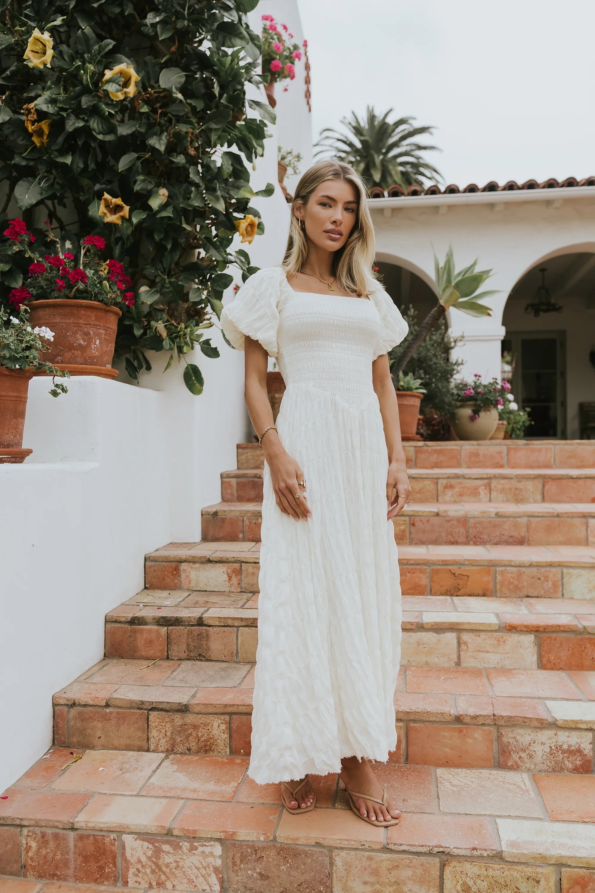 Beckie Smocked Maxi Dress in Off White