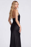 Halter Mermaid Black Ruched Satin Formal Dress