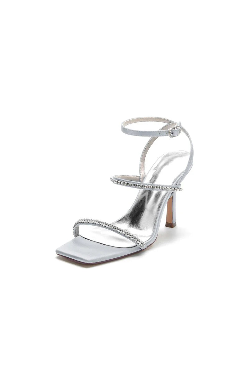 Crystal Cross Straps Square Open Toe Chunky Heels