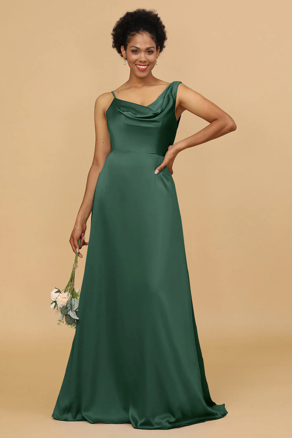 A Line Asymmetrical Neck Satin Floor Length Bridesmaid Dress