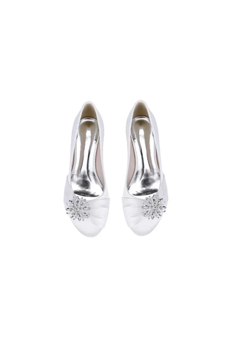 Navy Blue Flat Shoes with Crystal Flower Decoration