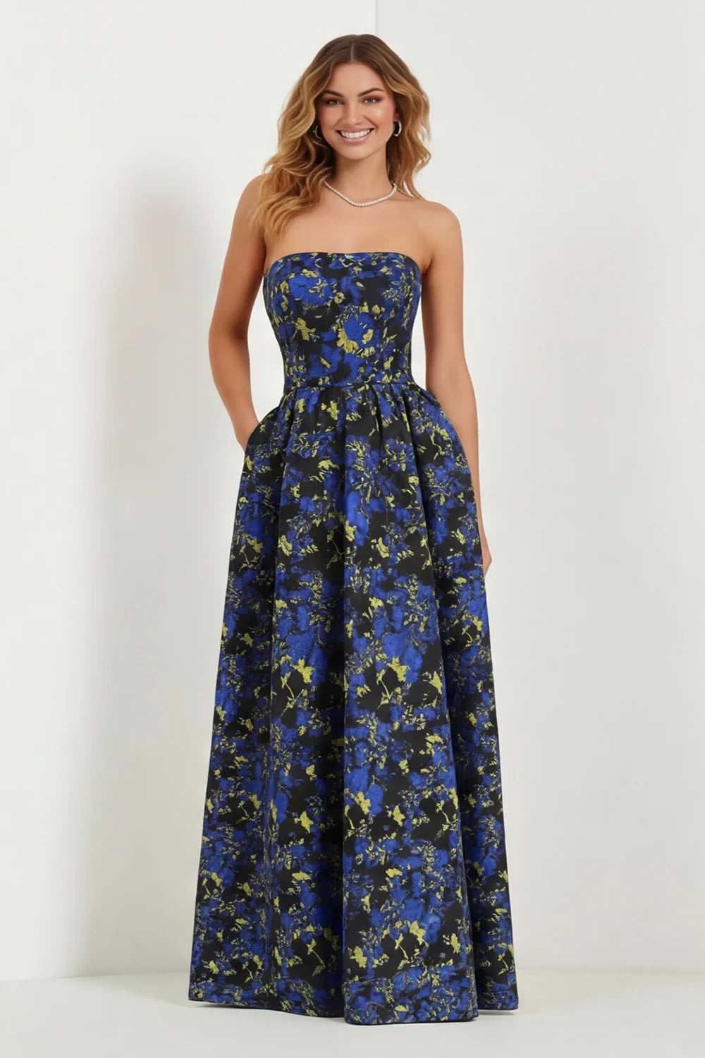 Blue Strapless Print A Line White Floral Long Satin Dress with Pockets