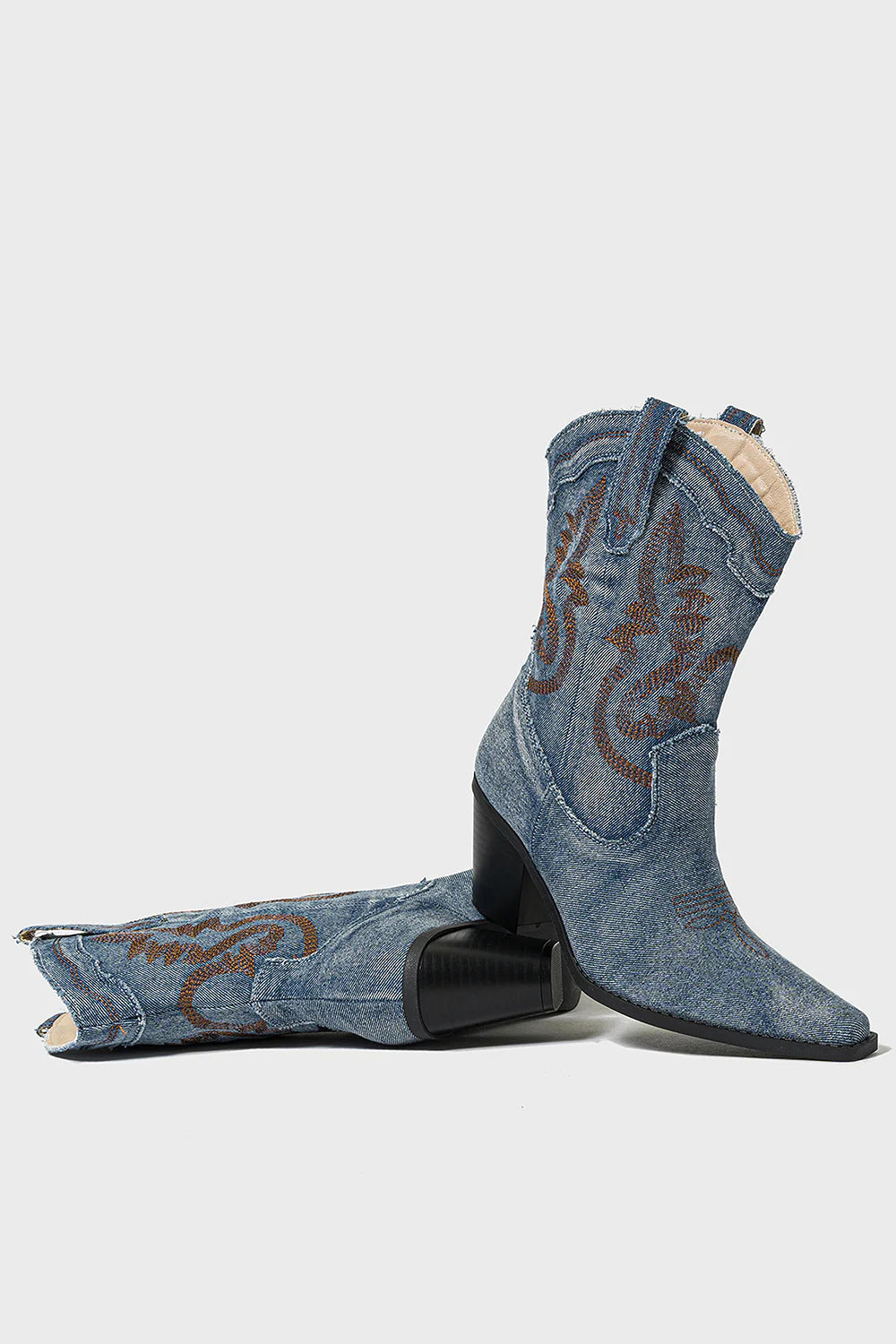 Vintage Western Denim Embroidered Pointed Toe Cowboy Boots