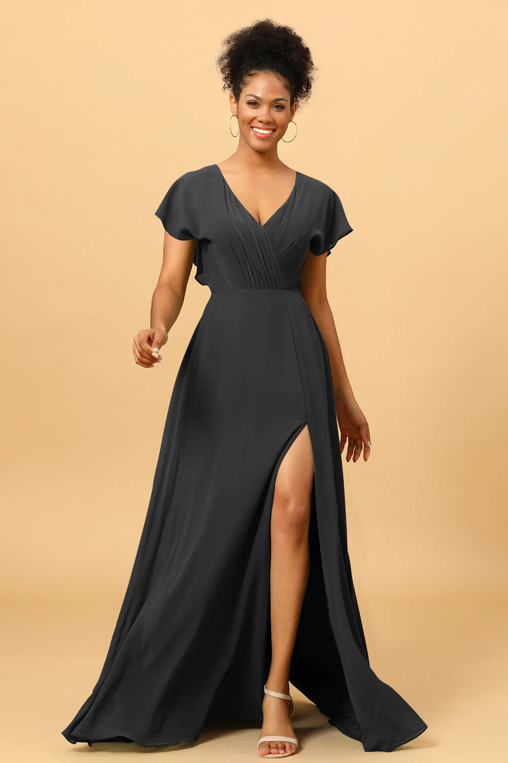 A Line V Neck Ruched Chiffon Bridesmaid Dress with Slit