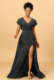 A Line V Neck Ruched Chiffon Bridesmaid Dress with Slit